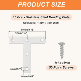PATIKIL Flat Mending Plate 3.1"x0.6", 8 Pcs Stainless Steel T-Shape Flat Bracket for Shelves Corner Braces Brackets Metal Fixing Joining Plates for Wood Furniture Cabinet Frame Repair