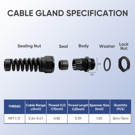 Strain Relief Cord Connector,LISTENJIALE 2Pcs NPT 1/2" Waterproof Cable Gland Flex Spiral Strain Relief Adjustable 6-12mm Cable Connector Nylon Joint with Gaskets(Black)