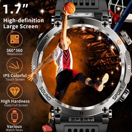 YoYoFit Smart Watch, 30 Days Extra-Long Battery, IP68 Waterproof, 1.7" Ultra Large HD Display, Rugged Military Outdoor Sports Smartwatch with Flashlight Compass SOS, Compatible for Android and iOS