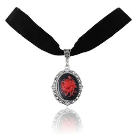 Gothic Rose Flower Crystal Cameo Necklaces for Women Vintage Black Velvet Choker Black Goth Mystic Victorian Flower Collar Necklace Punk Style Halloween Costume Jewelry (Red)