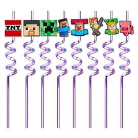 8 PCS Gaming Reusable Straws, Colourful Curly Drinking Straws with Charms, Pixel Style Plastic Straw for Kids Adult Birthday Party