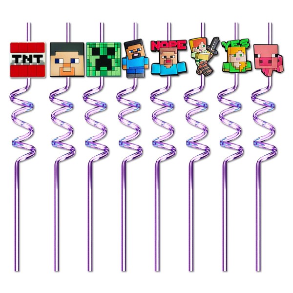8 PCS Gaming Reusable Straws, Colourful Curly Drinking Straws with