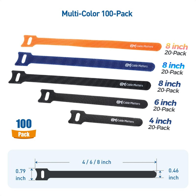 Cable Matters 100-Pack Hook-and-Loop Reusable Cable Ties (10+15+20cm), Wire Ties