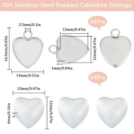 SUNNYCLUE 1 Box 120Pcs Blank Bezel Trays Blank Photo Charm Stainless Steel Bezel Blanks Memorial Photo Pendant Heart Pendant Tray Blanks Bezel Cabochon Settings for Bouquet Wedding Graduation Decor