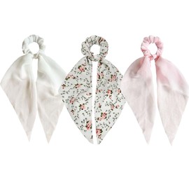 Rhinestone Satin Lace Ribbon Bow Hair Ties - Long Tail Bowknot Scrunchies, Chiffon Ribbon Hair Bows for Women Girls Thick Thin Hair Scarf (White Pink)