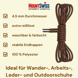 Mount Swiss premium bootlaces, round laces for work shoes and trekking boots made of 100% polyester, Ø approx. 4.5 mm, 12 colours, lengths 70 - 220 cm., 160 cm