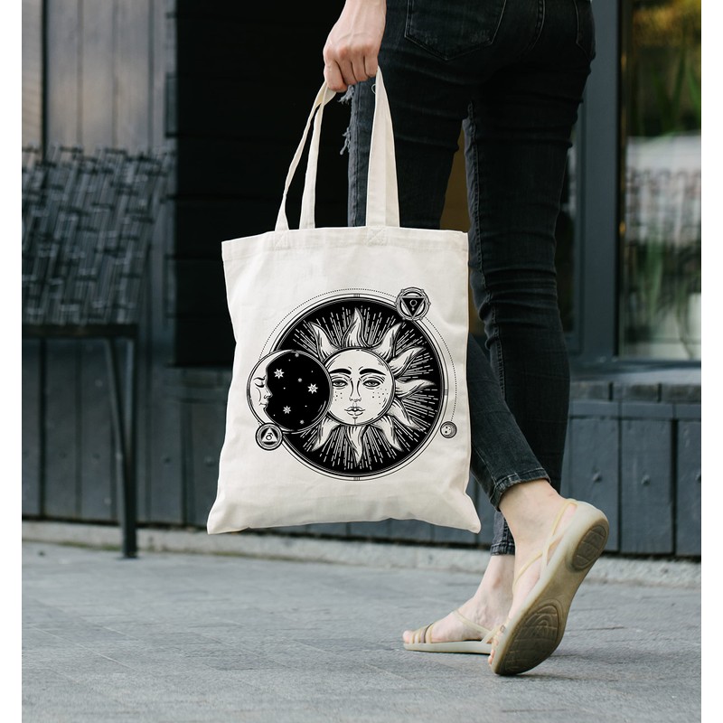 Sun and Moon Eclipse Hipster Tattoo Large Print Tote Shoulder