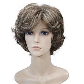 Wiginway Short Layered Shaggy Wavy Wigs Full Synthetic Bob Capless Wigs for White Women Brown Highlights