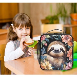 ALAZA Cute Sloth Girls Lunch Box Insulated Bag Flowers Lunchbox Cooler Meal Prep Tote with Shoulder Strap for Kids