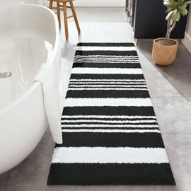 HOMORE Long Bathroom Rug 24x70 Inch, Absorbent Bath Rugs for Bathrooms Washable Non Slip Bathroom Runner Rug Quickly Dry, Striped Plush Bath Mats for Sink Shower Floor,Black