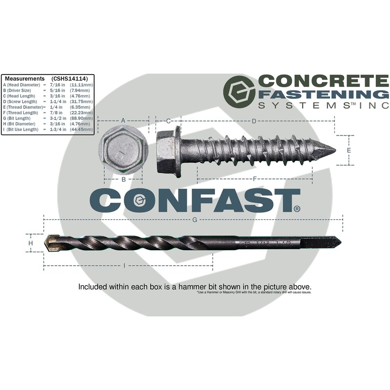 CONFAST 1/4" x 1-1/4" Concrete Screws 410 Stainless Steel Hex