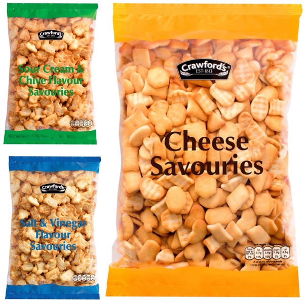 MULTIPLE Crawfords Savouries Bundle Cheese 300g Salt & Vinegar 250g Sour Cream & Chive 250g Bags, 3 Piece Set