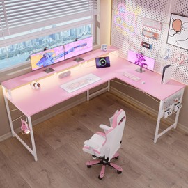 Pamray 64 Inch L Shaped Gaming Desk with Power Outlets and Led Lights, Large Corner Computer Desk with Monitor Stand and Pegboard, PC Table for Home Office and Bedroom Pink