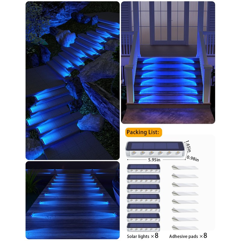 DetarZinLED Blue Solar Lights for Outside,8 Pack Solar Deck Lights