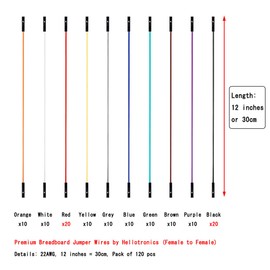 Hellotronics Breadboard Jumper Wires 22AWG Pack of 120 Pieces FF More Red and Black Jumpers, Square Head 0.1'' 10 Colors (30CM, F/F)