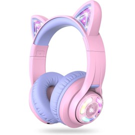 iClever Bluetooth Kids Headphones, BTH13 Cat Ear LED Light Up Kids Wireless Headphones, 50H Playtime, 74/85/94dB Volume Limiting Children Headphones with Microphone Over Ear for School/Tablet/PC