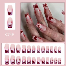 Medium Square Fake Nails Valentine French Tip Press on Nails French Heart Stick on Nails Valentine False Nails for Women Gradient Glue on Nails Holiday Manicure 24Pcs