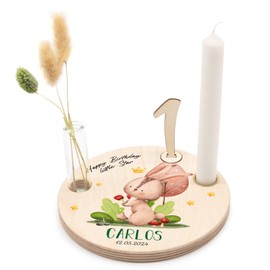 GRAVURZEILE Bedruckter Geburtstagsteller aus Holz - Waldtiere Hase - Personalisiert mit Name & Datum - inkl. Kerzenhalter, Glasvase & Zahlen 0-9 - Geschenk für Baby & Kinder zum Geburtstag