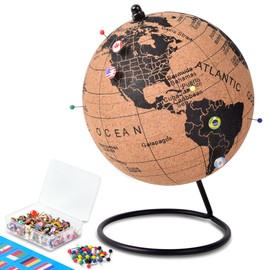 6" Cork Globe with 100 National Flag Pins & 50 Colored Push Pins – World Map with Rotating Stand – Pin Board for Travel Tracking, Home or Office Decor – Gift for Couples & Families(DH-DQY-145)