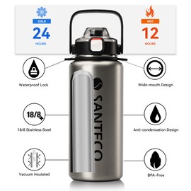 SANTECO Stainless Steel Water Bottle with Straw, Thermos Flask, 1.2 L, BPA-Free with Removable Shoulder Strap, Water Bottle, Leak-Proof, Dishwasher Safe for Running, Gym, Hik