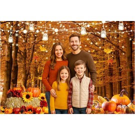 Dudaacvt Fall Thanksgiving Pumpkin Backdrop 7x5ft – Autumn Forest Path Background with Hay Bales, Corn, Leaves, and String Lights for Harvest Festival, Family Gathering, or Photo Booth Decor D640