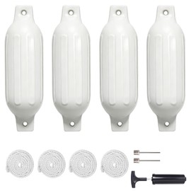 Boat Bumpers Fenders, 4 Pack Pontoon Boat Accessories, Boat Bumpers for Docking with 4 Ropes, 1 Air Pump and 2 Needles,Marine Bumpers for Docking Various Types of Boats (White, 6.5 * 23")