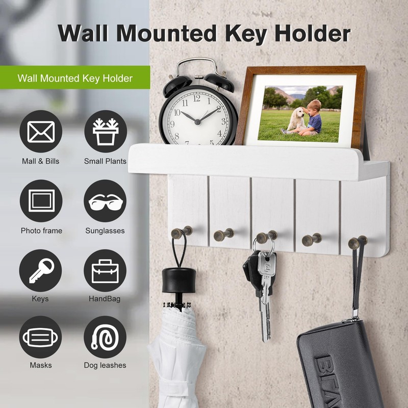 Kldgris Key Rack with Shelf, Wooden Key Holder, White, Decorative