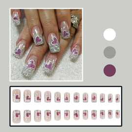 24Pcs Valentines Nails Heart Press on Nails Medium Square Fake Nails Glitter Purple Heart Acrylic Nails with Silver Gradient French Tip False Nails Heart Stick on Nails for Wedding Nail Decoration