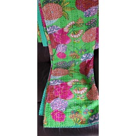 Estationeryhouse Hand stitched vintage Kantha Quilt Indian boho throw, Handqiuilts Bedspread Jaipuri Design Pure Cotton (90x60inch) (Green)