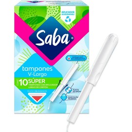 Saba Tampones Super Con Aplicador Largo, Flujo Abundante, 10 Piezas