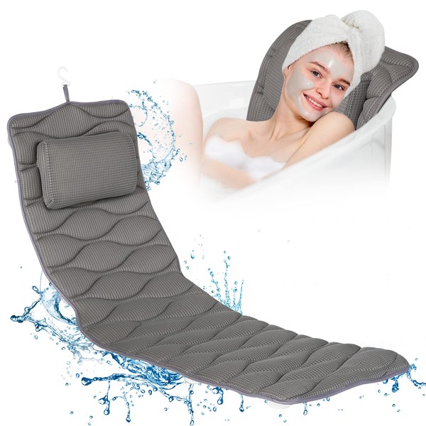 Full Body Bath Pillow, Bath Pillows for tub with Mesh Washing Bag & 21 Non-Slip Suction Cups, Spa Bathtub Pillow for Head Neck Shoulder and Back Support - 5D Air Mesh & Quick Drying | Gray