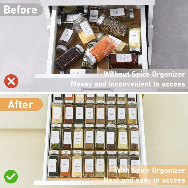 KitHero Spice Drawer Organizer with 24 Spice Jars and 216