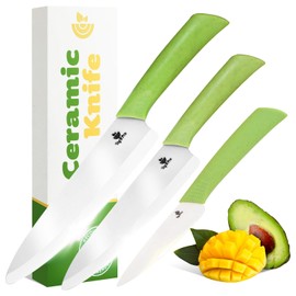 Ceramic Knife Set with Ergonomic Handle, Non-Reactive and Professional Chopping Knife Featuring Sharp, Santoku Blades for Cutting Vegetables & Fruits, Ceramic Kitchen Knives Set of 3 - 6”, 4”, 8”