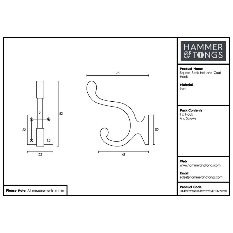 Hammer and Tongs - Square Back Hat & Coat Hook