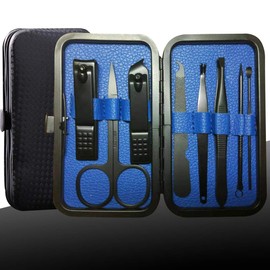 Manicure Set Nail Clippers Set Stainless Steel Professional Pedicure Kit 8 Pieces Blue Grooming Kit Nail Scissors Cutter Ear Pick Tweezers Scissors Eyebrow Nail File for Man&Women Gift