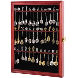 36 Souvenir Tea Spoon Display Case Collection Collector Rack Wall Mount Wooden w/98% UV Acrylic Door Lockable (36 Spoons-Cherry)