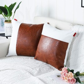 MANDIOO Set of 2 Luxury Boho Decorative Throw Pillow Covers Cushion Cases Faux Leather and Cotton Farmhouse Pillowcases for Couch Sofa Bed 18x18 Inches Brown White