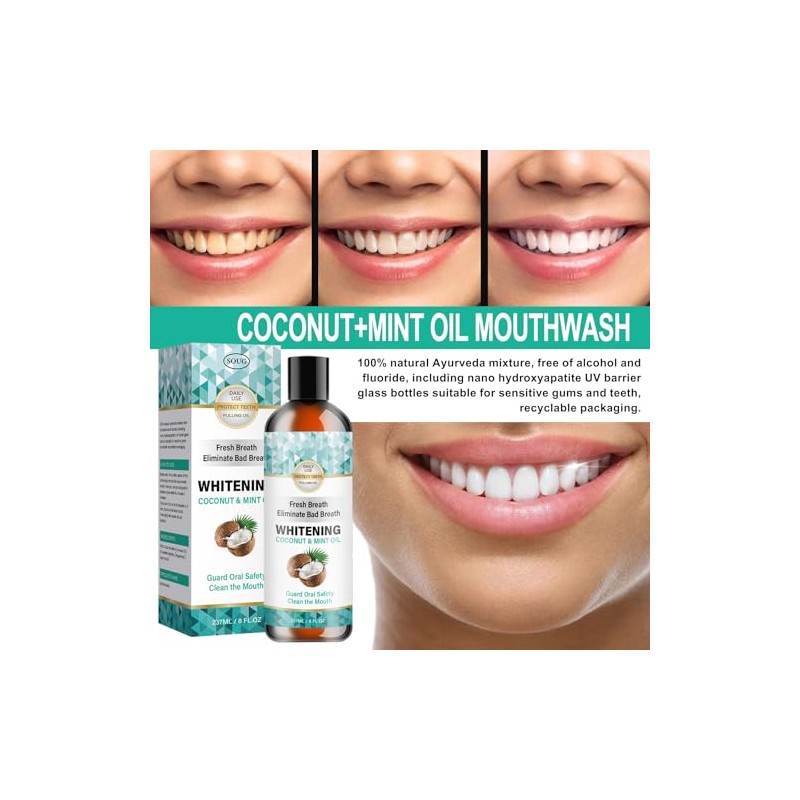 Enjuague bucal con aceite de coco y sabor a menta,