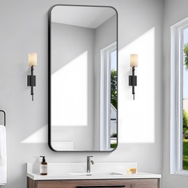 BONEWEI 24x48 inch Bathroom Mirror,Black Rectangle Mirror,Wall Mounted Bathroom Frame Vanity Mirror with Round Corner for Bedroom Living Room, Entryway Hangs Horizontal or Vertical