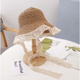 Baby Girl Straw Hat Lace Brim Beach Sun Protection Hat Summer Beach Hat Foldable UV Sun Visor Hat Outdoor Coffee