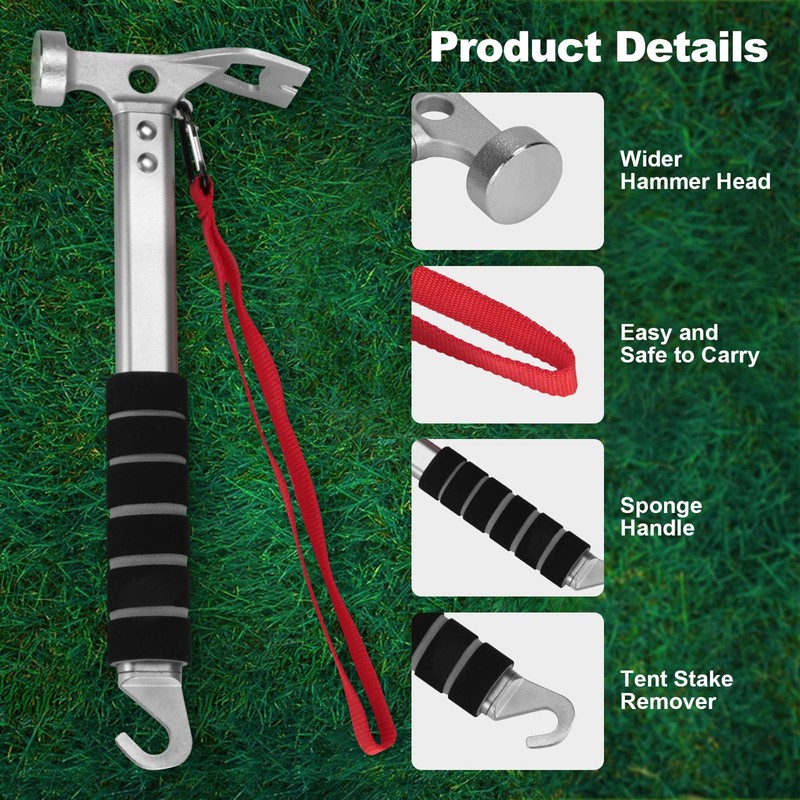 LATTHANT Aluminum Camping Hammer, 3-in-1 Functional Tent Stake Hammer with