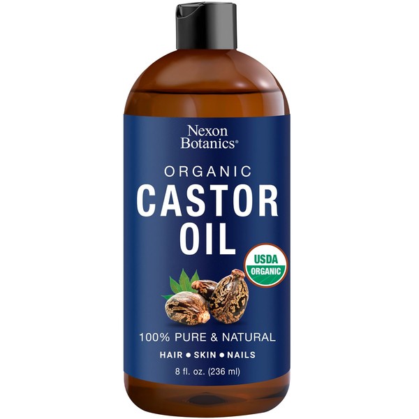 Nexon Botanics Certified USDA Organic Castor Oil 8 fl oz - Cold Pressed Unrefined Hexane Free - Aceite De Ricino Organico - Caster Oil - For Skin Care, Hair Care, Eyelashes, Eyebrows, Body