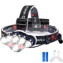 TBONEEY Lámpara de Cabeza USB Recargable, 8 Modos Linterna Frontal LED con Luz Roja de Advertencia Impermeable Foco Luces Headlamp Faros con 8 LED para Casco, Pesca,Senderismo, Bicicleta, Camping