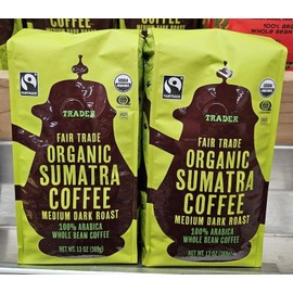 Trader Joe Organic Sumatra Medium Dark Roast Whole Bean Coffee 13oz 369g (Two Bags)