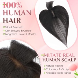 Elailite Real Human Hair Topper for Women, Natural Black Clip-In Hair Toppers, Real Hair Topper, Women's Hair Topper with Fringe, Hairpieces, Silk Lace, 27.5 cm, 20 g, #1B