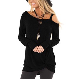 TEMOFON Off The Shoulder Tops Women Cold Shoulder Top Long Sleeve Casual Shirts Twist Knot Tunic Blouse Tshirt Black M
