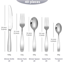 40-Piece 18/10 Heavy Flatware Set for 8, Thick Handle Forged Stainless Steel Silverware, Dishwasher Safe, Ideal for New Home Essentials Gift