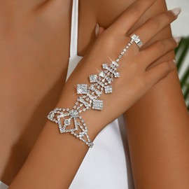 Dainty Rhinestone Bracelet with Ring Rhinestone Geometry Hand Chain Wedding Bridal Hand Accessories for Women (Silver, One size)