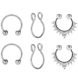 BODYA Fake Septum Rings, 6Pcs Septum Piercings Jewelry Stainless Steel Fake Nose Ring Gift for Women