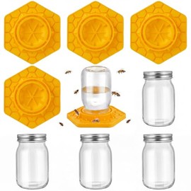 4 Pack Bee Feeder for Mason Jar Bee Watering Station Garden Silicone Sugar Water Feeder Beekeeping Drinking Equipment Tools with Mason Jars for Drinking Water (Ginger Yellow,Hexagon)